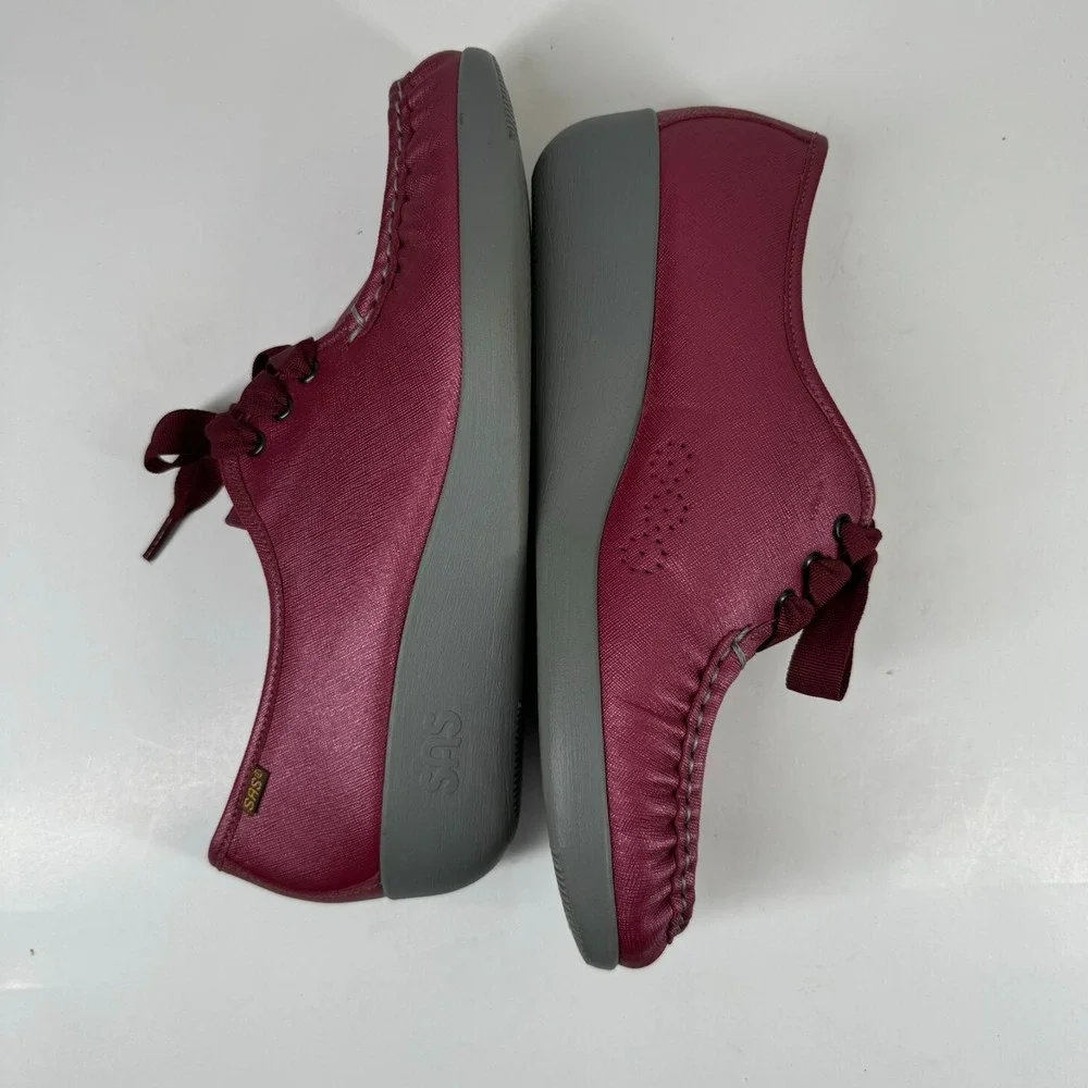 SAS Bounce Women's 11.5M Cranberry Burgundy Leather Lace-Up Wedge Moccasin Shoes